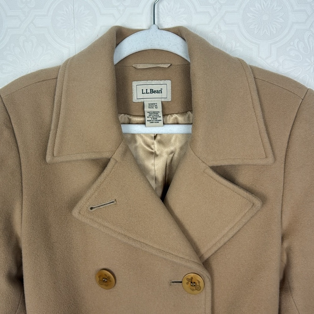 LL Bean Peacoat Tan Wool Nylon Double Breasted Size 12 Cream Beige Coat Jacket - Picture 2 of 8